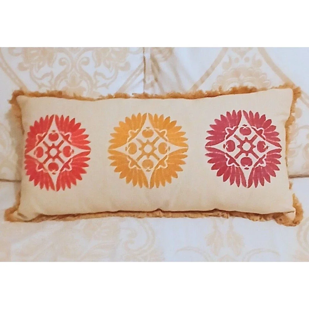 Crate And Barrel Lumbar Down Pillow 12x24 Fall Yellow Rust Plum Boho Embroidered